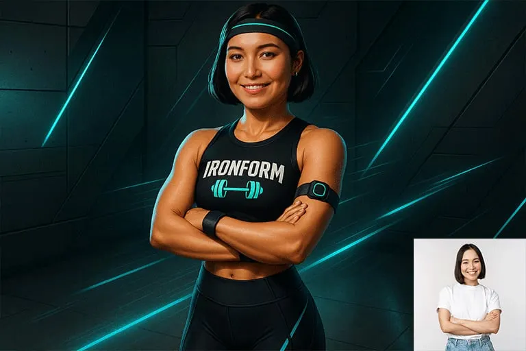 AI photo booth before and after — guest transformed into a branded fitness character