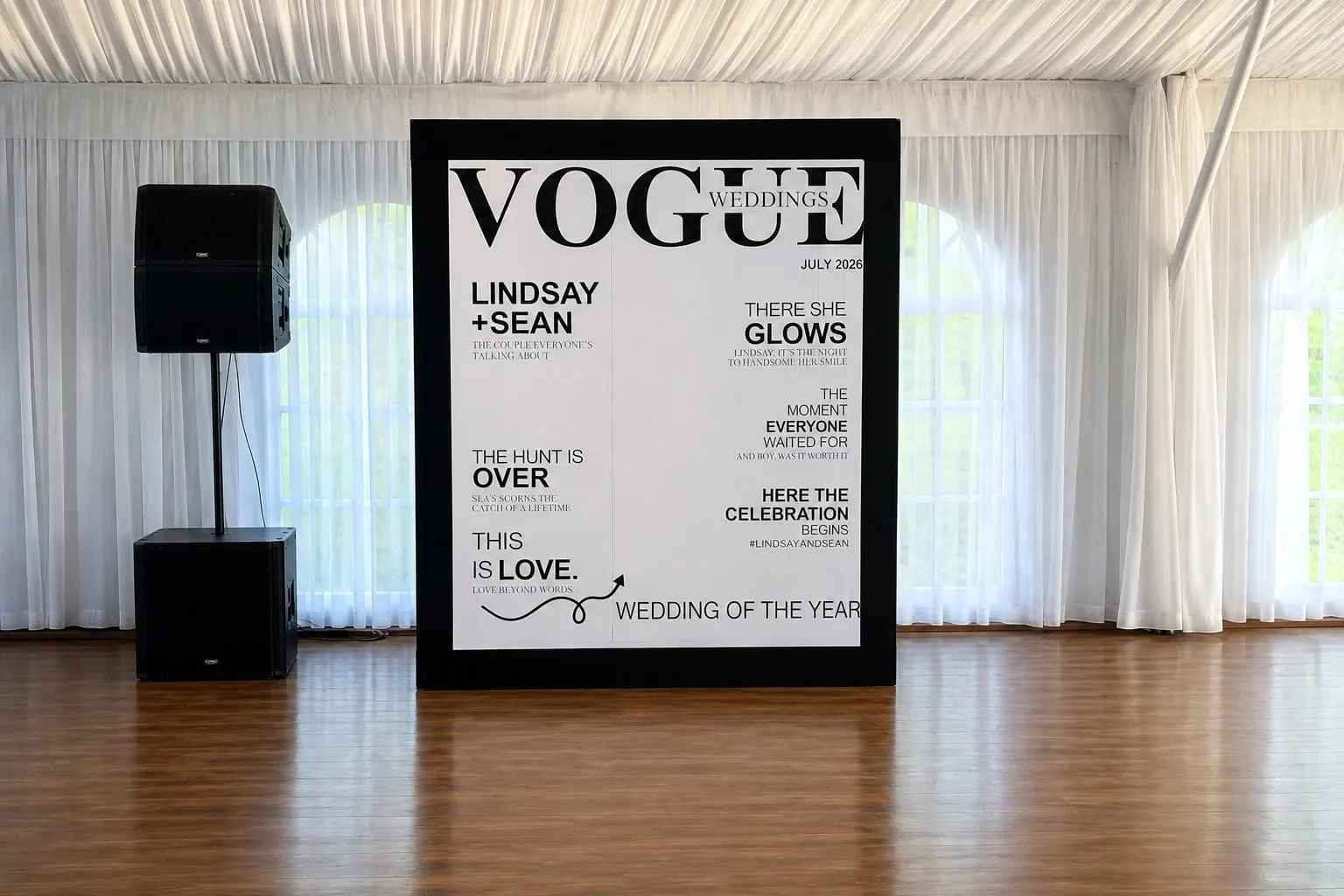 Custom Vogue-style magazine cover backdrop for a wedding — magazine booth rental in New York