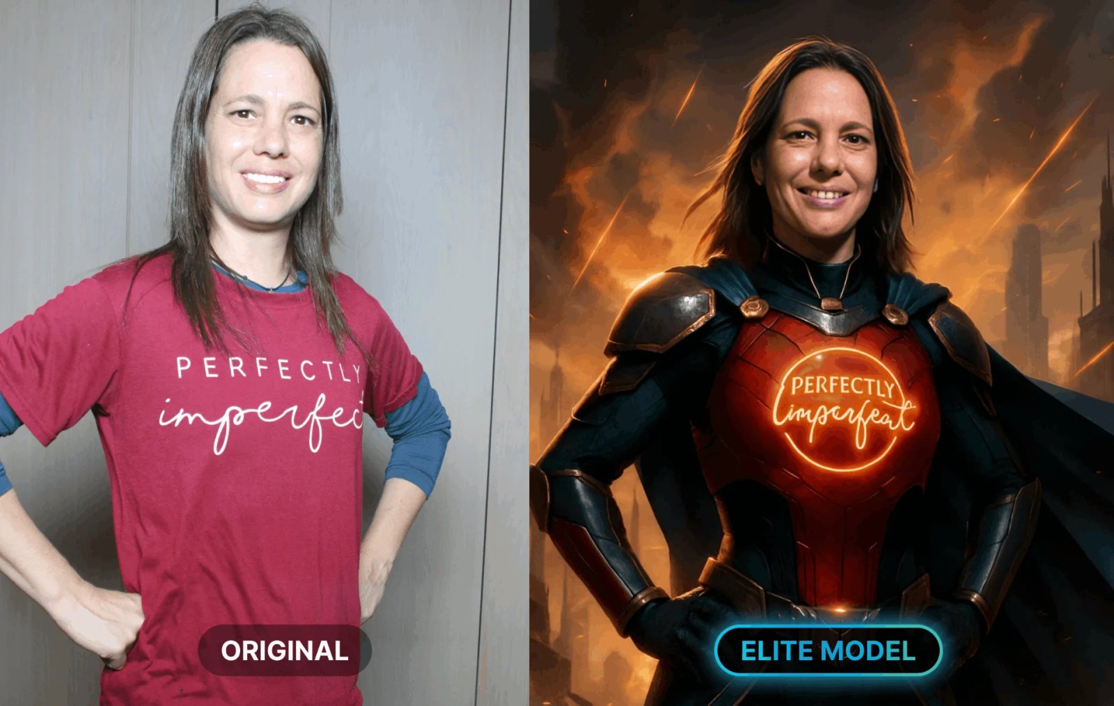 Before and after AI transformation of a guest into a superhero portrait