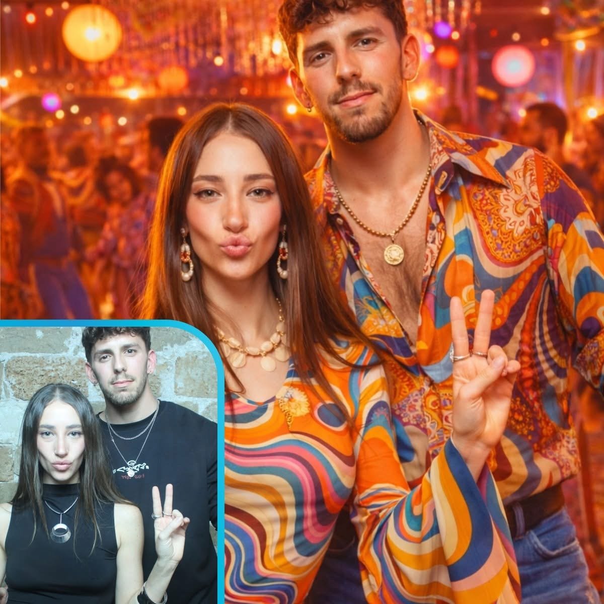Seventies disco style AI transformation with the original photo inset