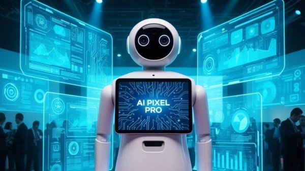 AI photo booth kiosk concept with interactive robot display