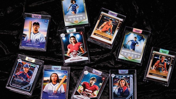 Spread of custom AI trading cards printed at a brand activation
