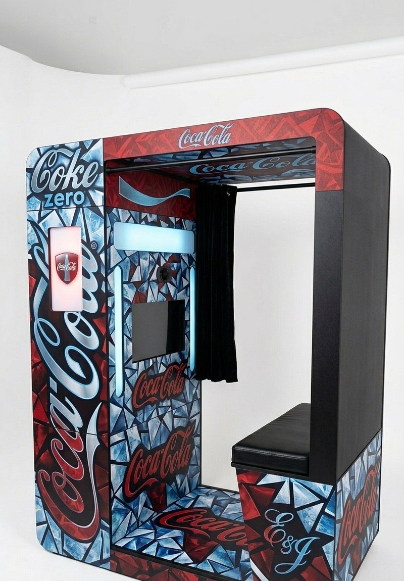 Enclosed photo booth with full custom Coca-Cola style wrap