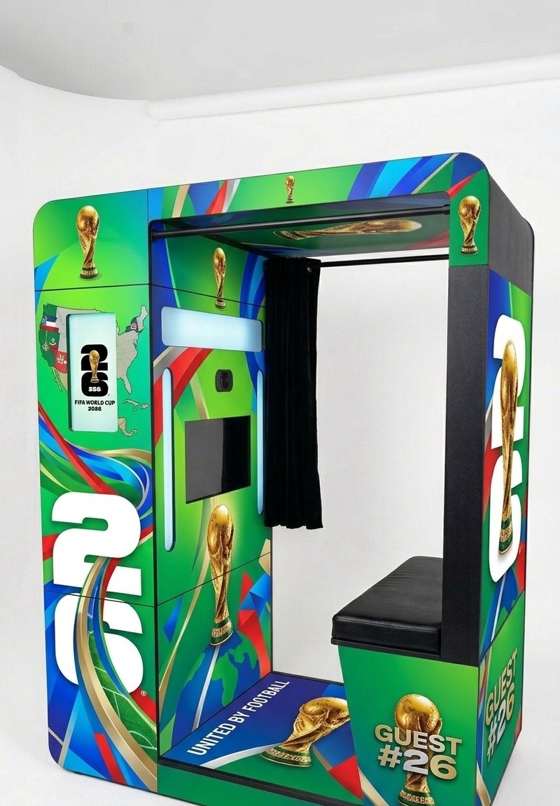 Enclosed photo booth with World Cup themed custom wrap