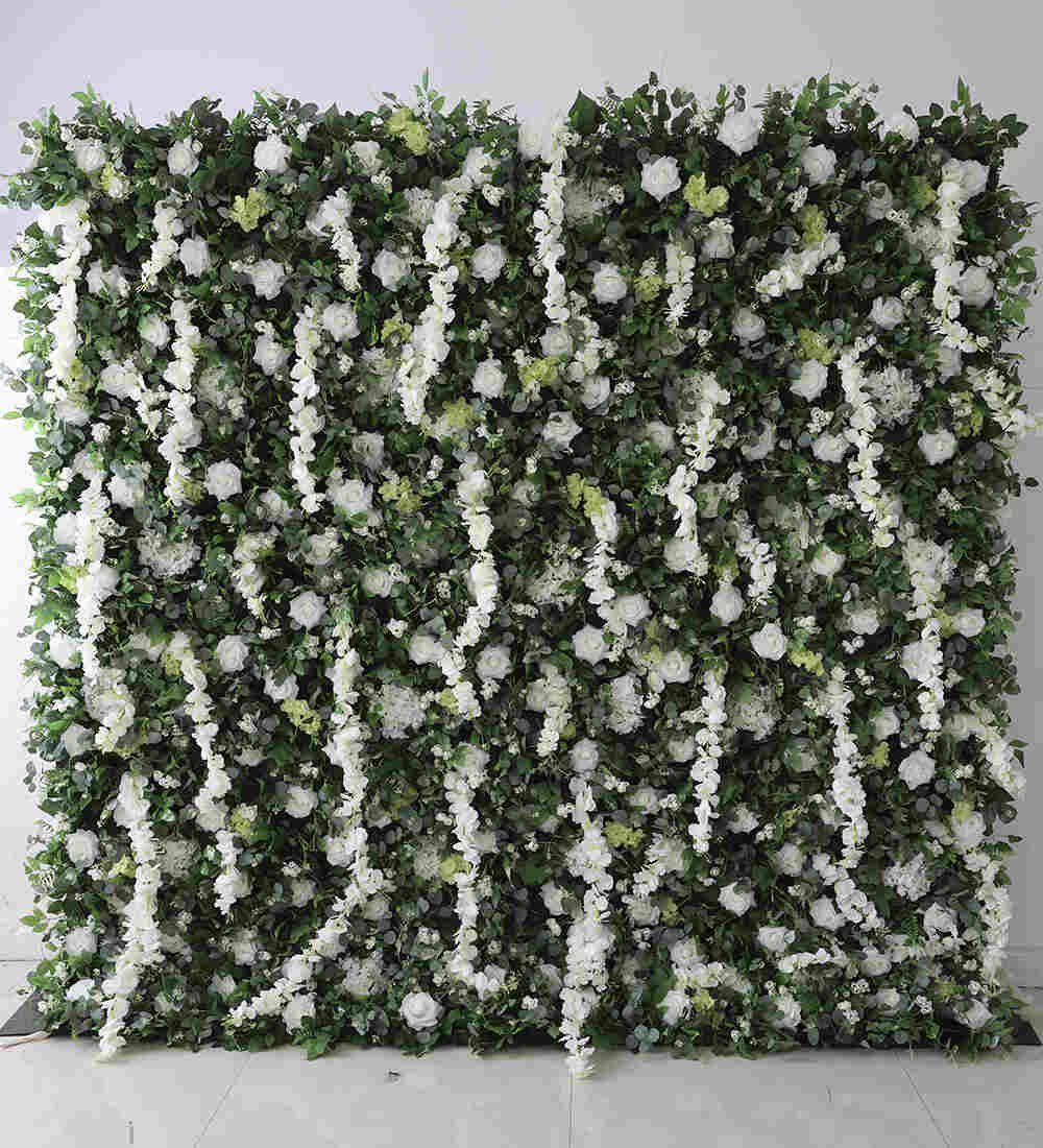 Greenery flower wall with cascading white blooms