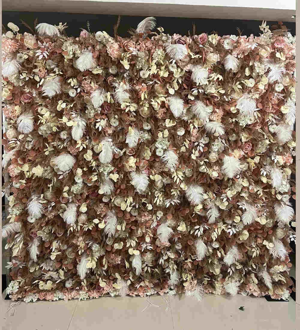 Brown, gold and cream feathered flower wall rental