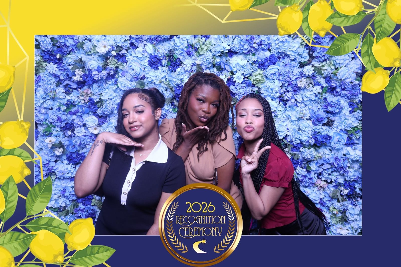 Three friends posing at the blue flower wall — custom ceremony print