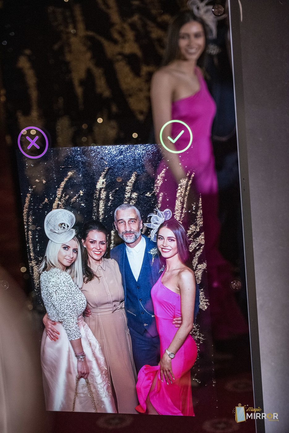 Bride at the magic mirror photo booth during a Brooklyn wedding reception