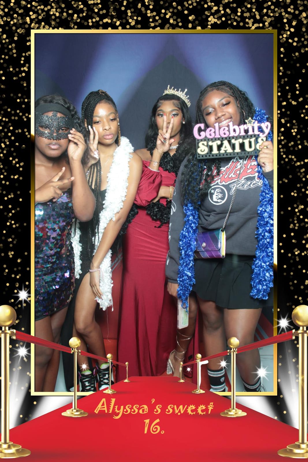 Teens posing at Alyssa's Sweet 16 red-carpet booth