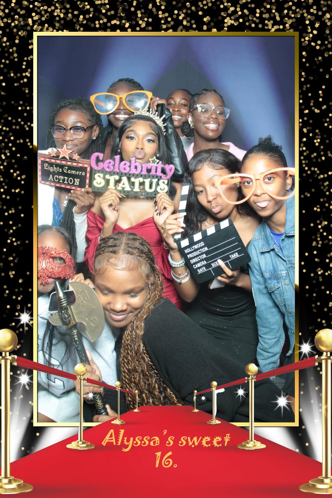 Teens posing at the Alyssa's Sweet 16 photo booth