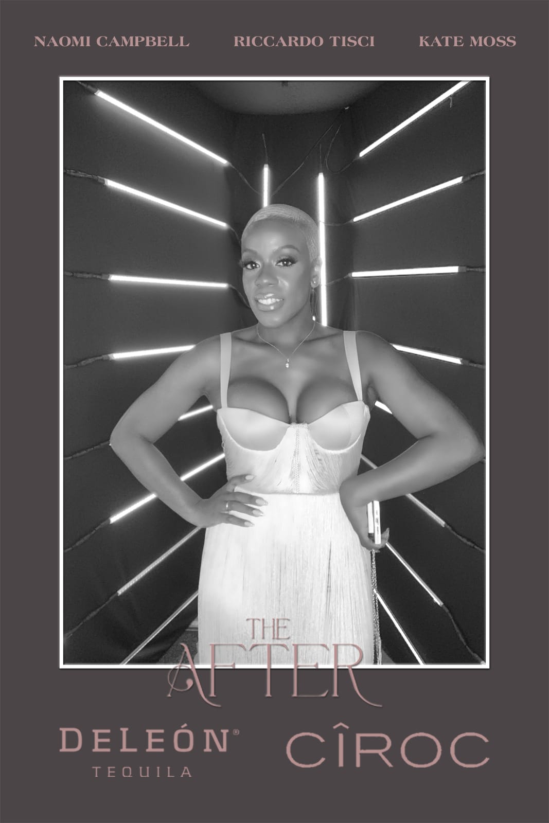 Guest posing at THE AFTER neon light-tunnel print frame — DeLeón Tequila x CÎROC