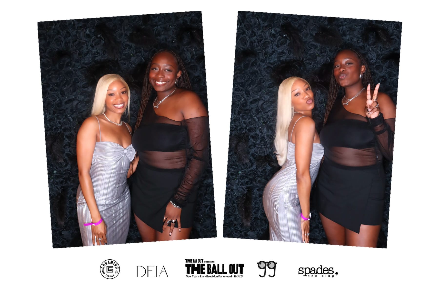 Two friends posing at The Ball Out NYE party at Brooklyn Paramount — black rose wall with feathers