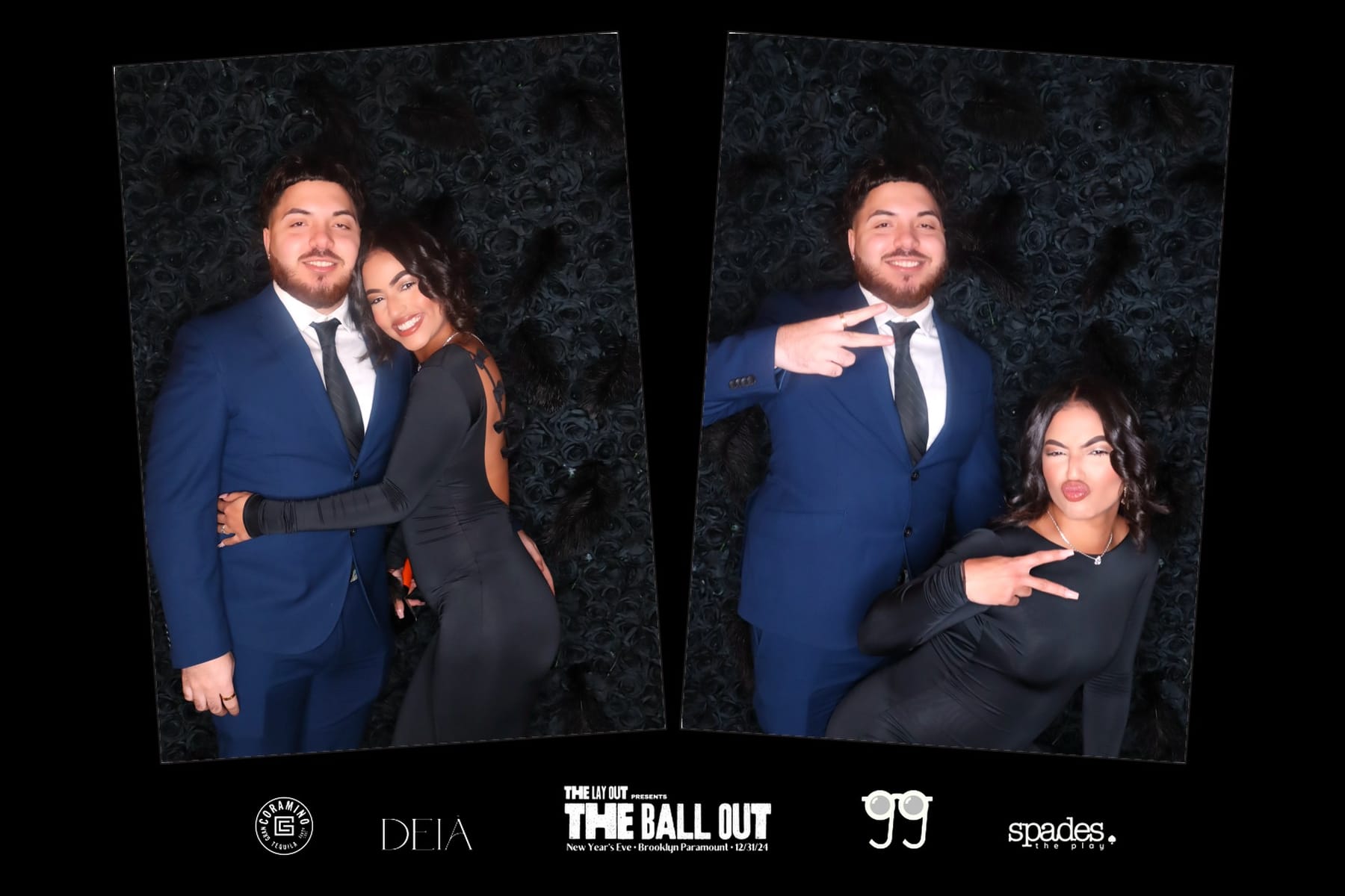 Couple having fun at The Lay Out's Ball Out photo booth on New Year's Eve