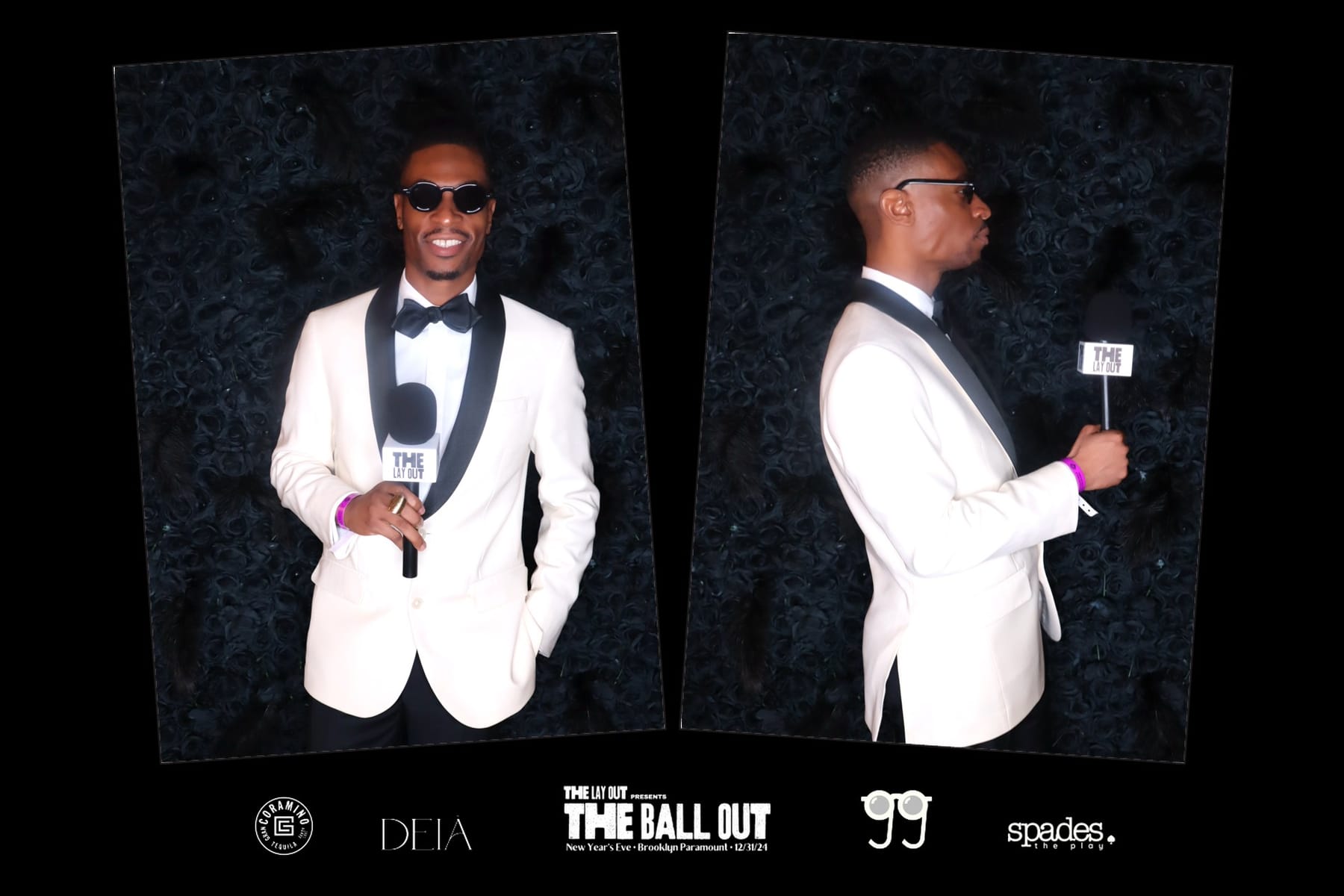Guest in a white tuxedo jacket with The Lay Out mic at The Ball Out