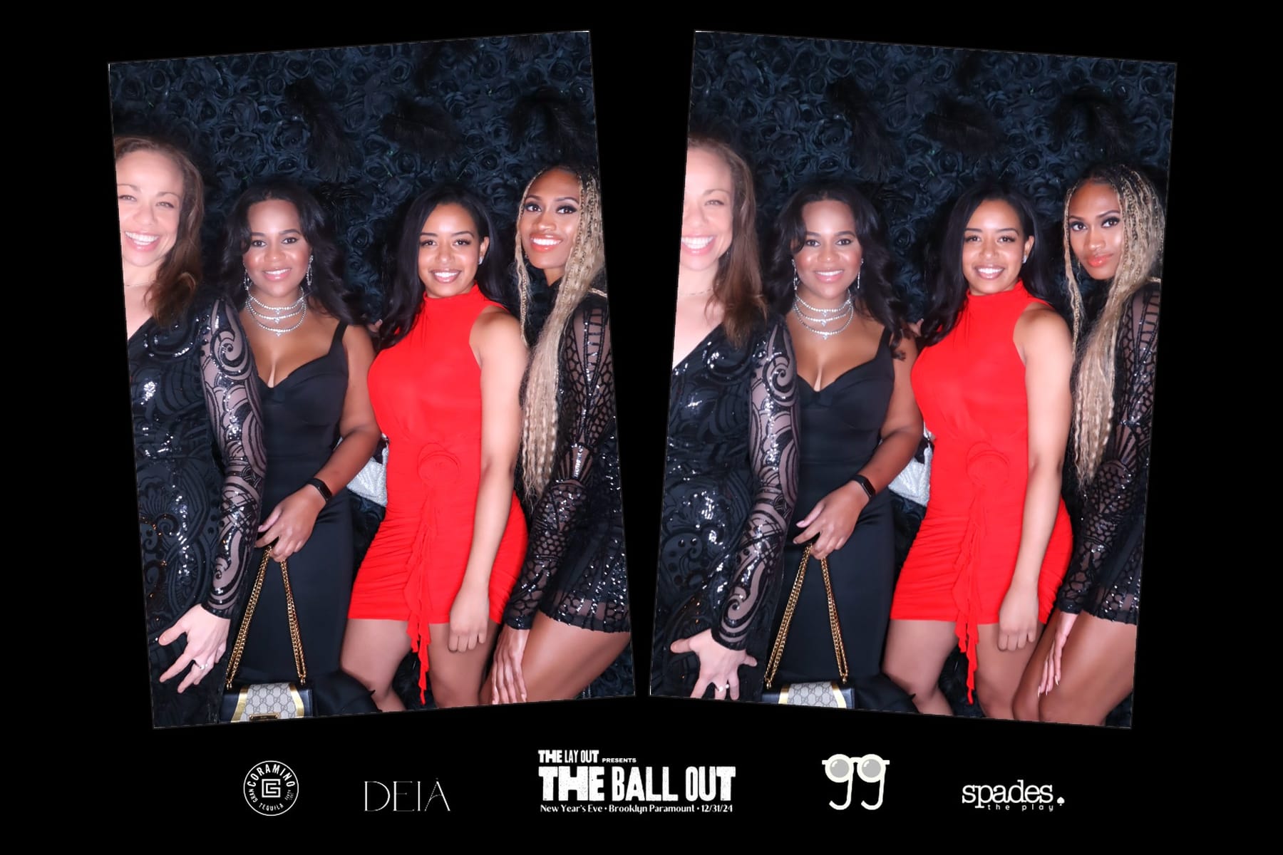 Four friends at The Ball Out NYE party — rose wall photo booth