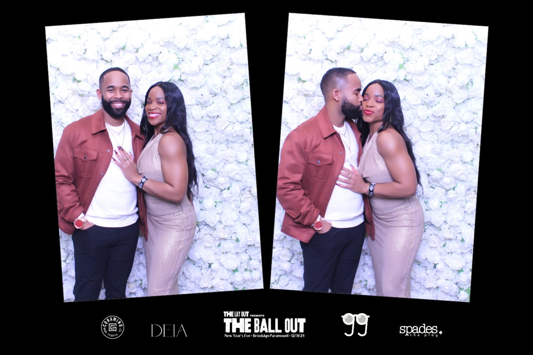 Couple at The Ball Out photo booth — white rose wall