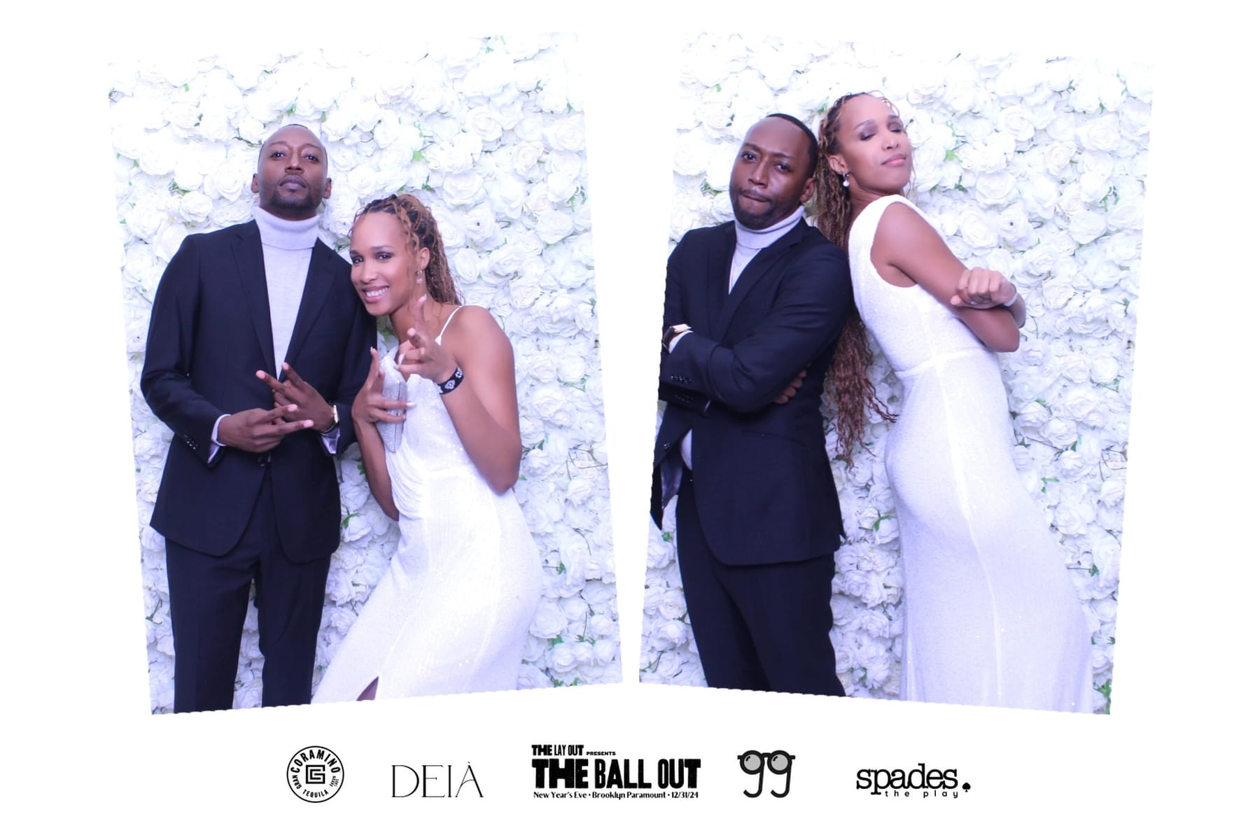Couple striking poses at The Ball Out New Year's Eve party