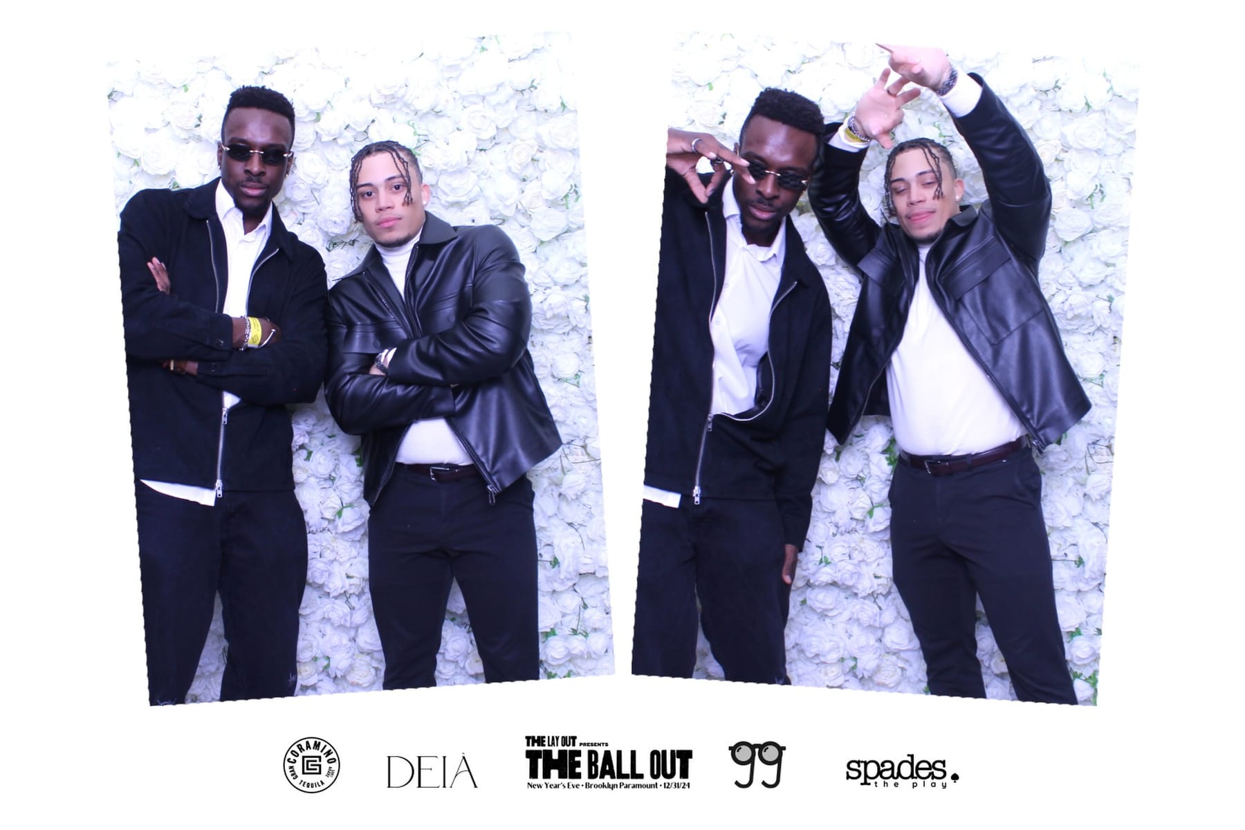 Two friends at The Ball Out — white rose wall photo booth