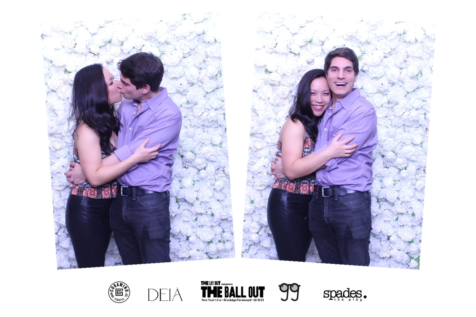 Couple kissing at The Ball Out New Year's Eve photo booth
