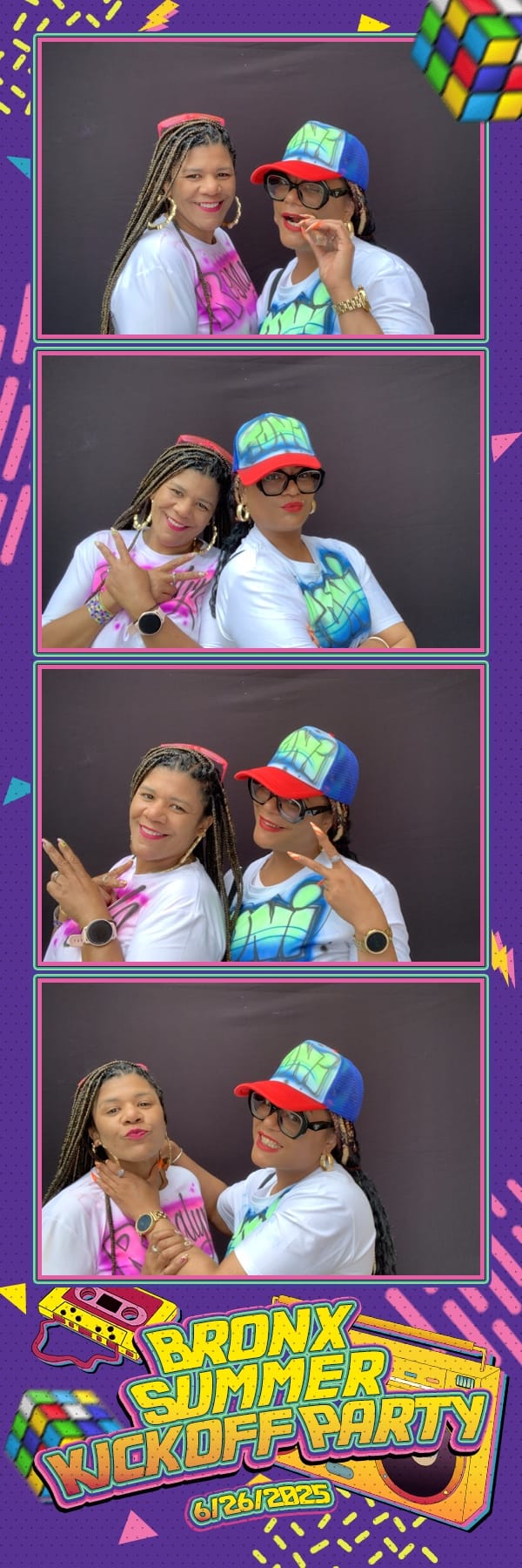 Two friends in airbrushed graffiti tees at the Bronx Summer Kickoff Party — 90s themed photo strip