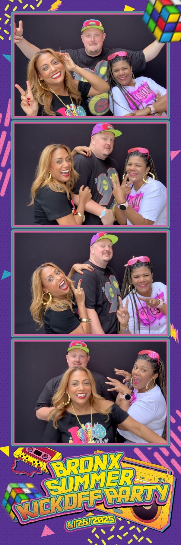Three coworkers striking poses at the 90s themed Bronx Summer Kickoff Party