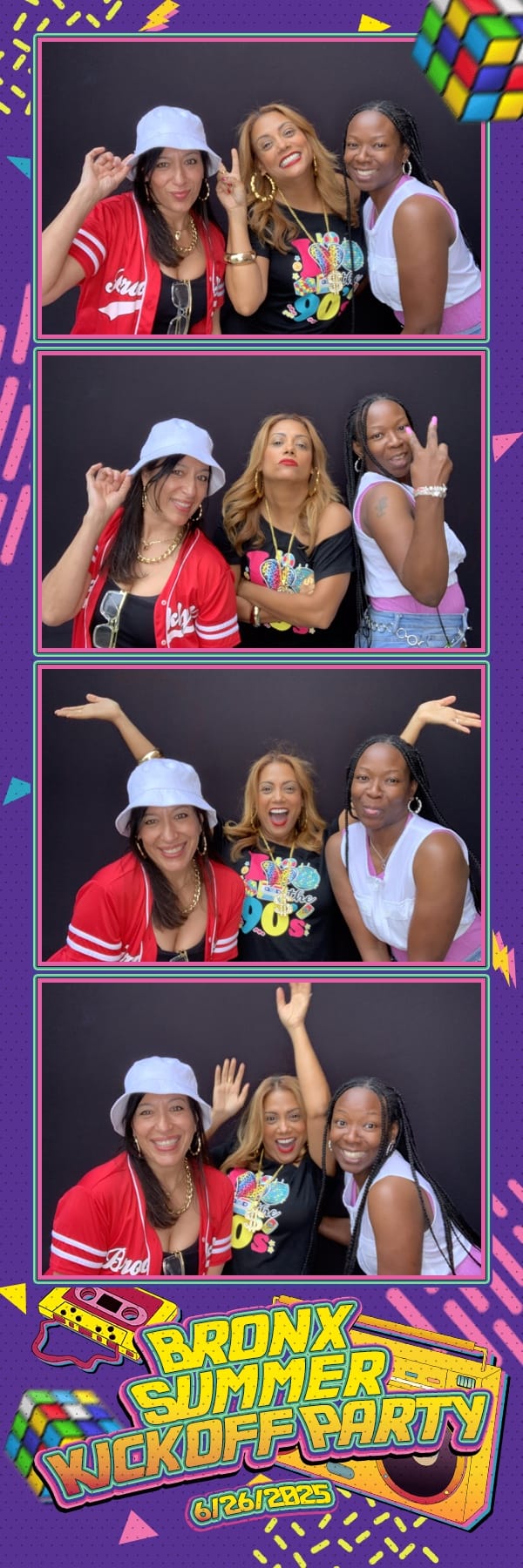 Three friends posing at the Bronx Summer Kickoff Party — custom 90s print strip
