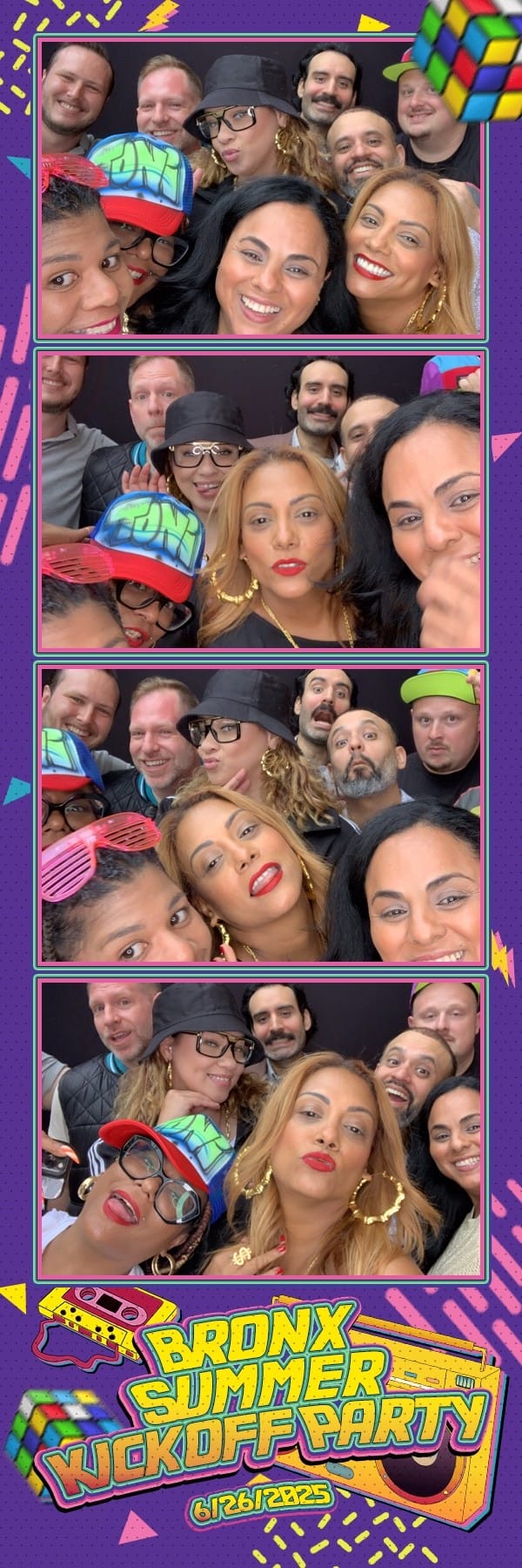 Big group selfie in the photo booth at the Bronx Summer Kickoff Party