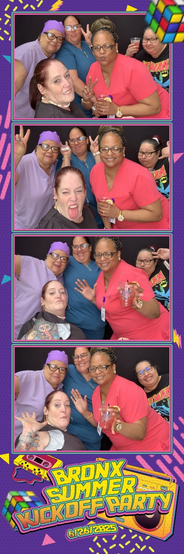 The team crowding into the frame at the Bronx Summer Kickoff Party