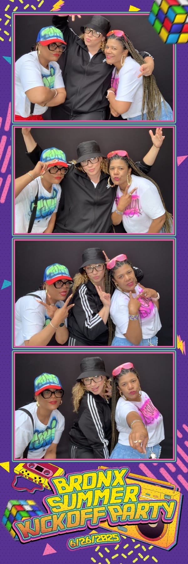 Three friends in 90s outfits at the Bronx Summer Kickoff Party photo booth
