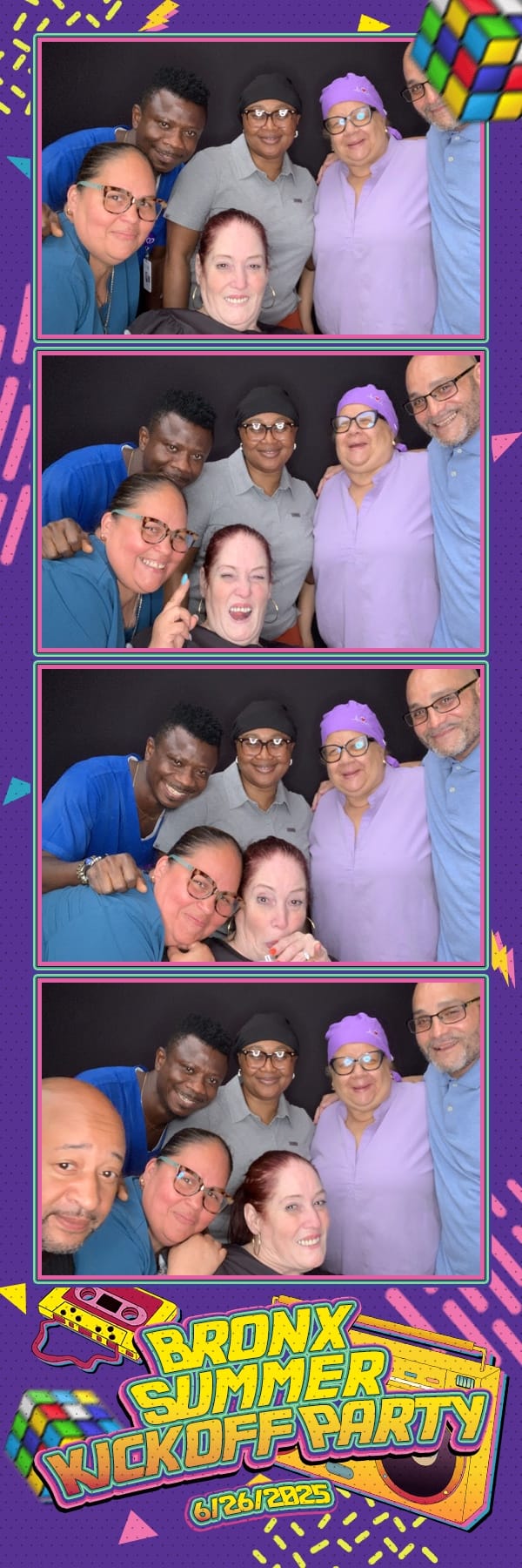 Six colleagues together at the Bronx Summer Kickoff Party photo booth