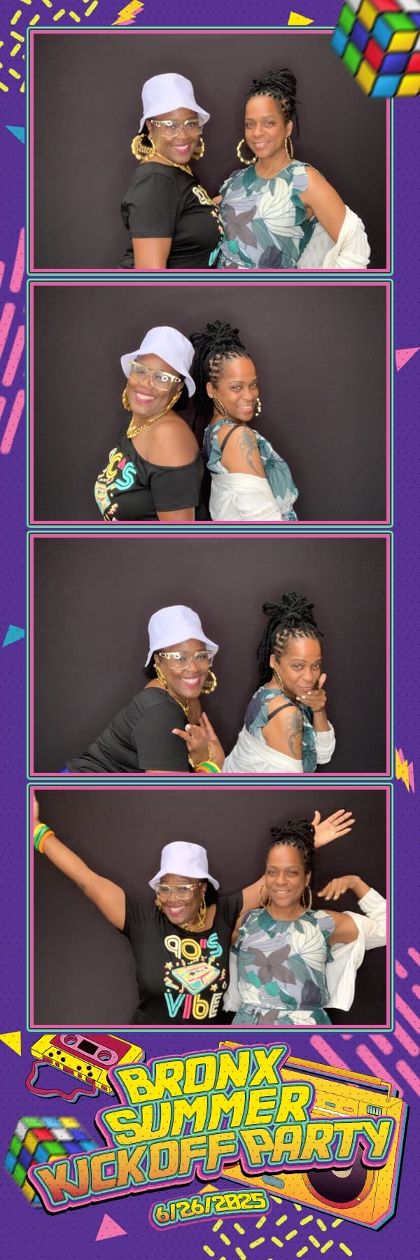 Two friends posing at the 90s themed Bronx Summer Kickoff Party
