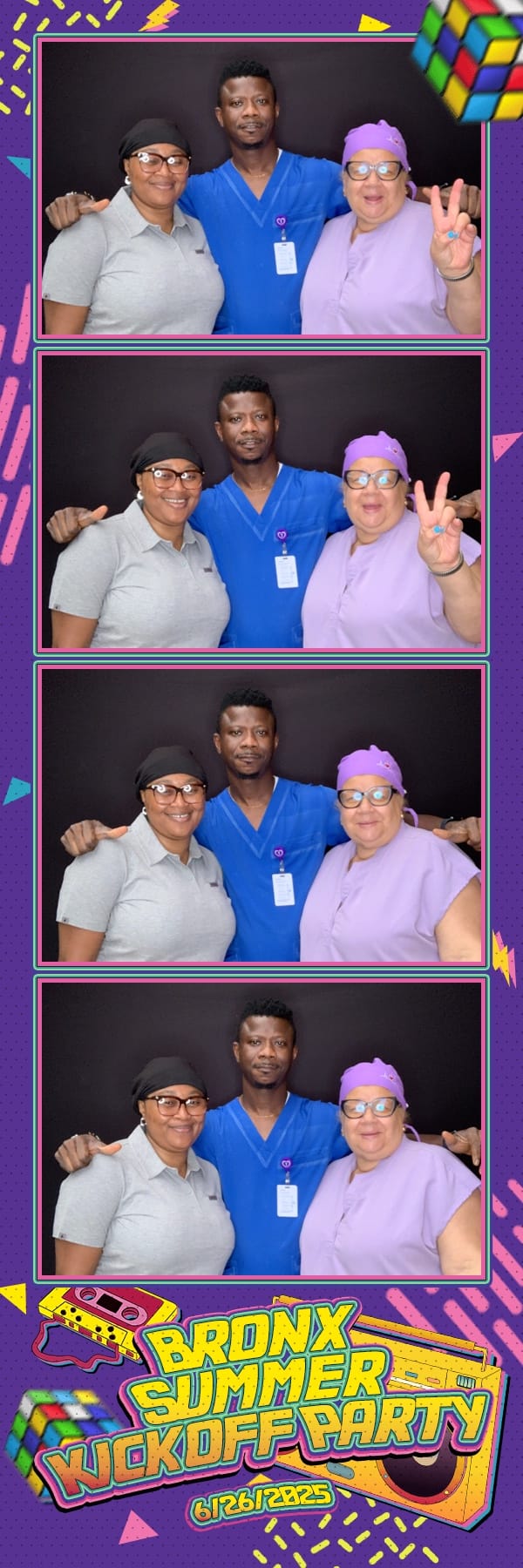 Three coworkers in scrubs at the Bronx Summer Kickoff Party photo strip