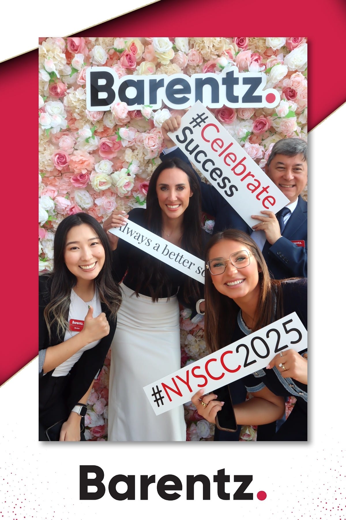 Four colleagues with Celebrate Success and NYSCC 2025 signs at the Barentz flower wall