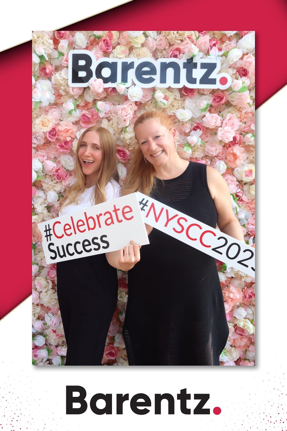 Two guests holding Celebrate Success and NYSCC 2025 signs at the Barentz booth