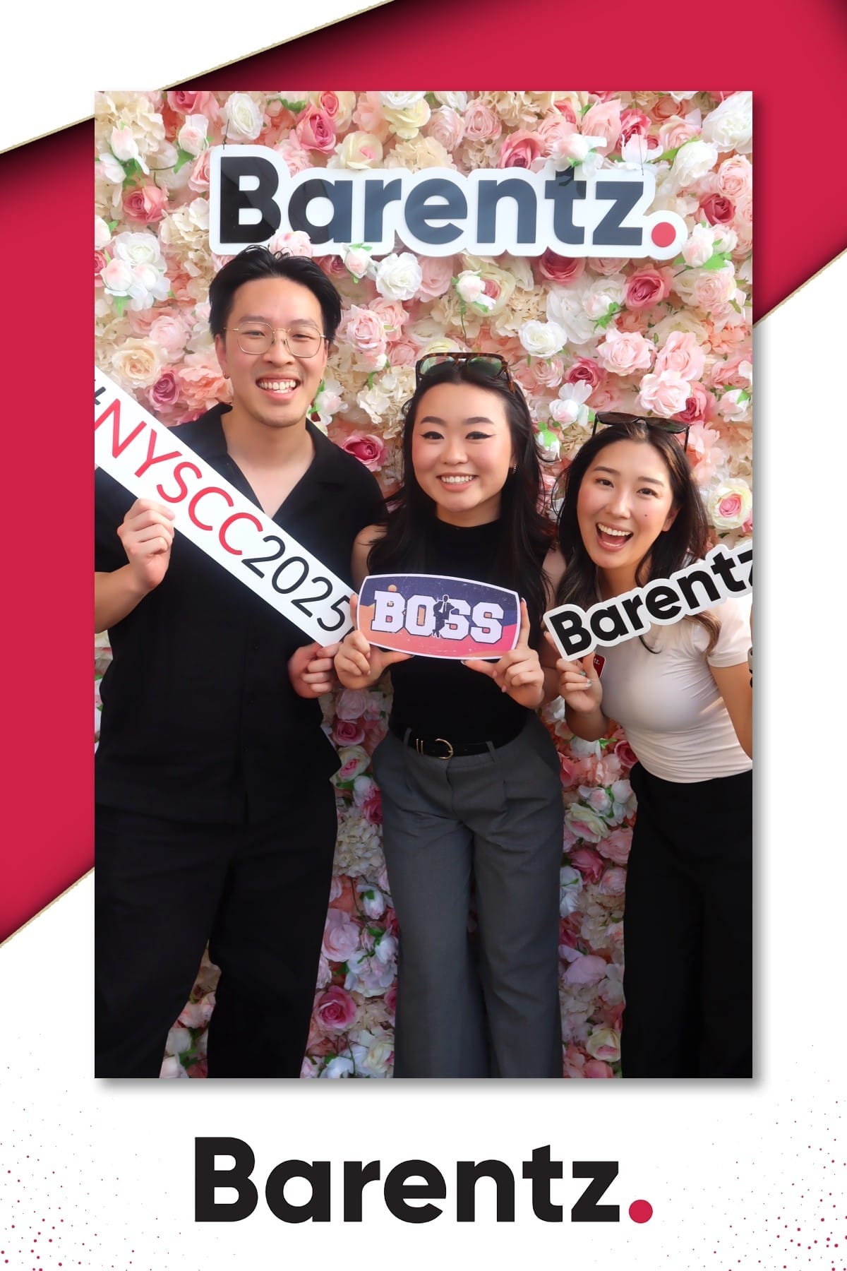 Three colleagues with Boss and Barentz props at NYSCC 2025