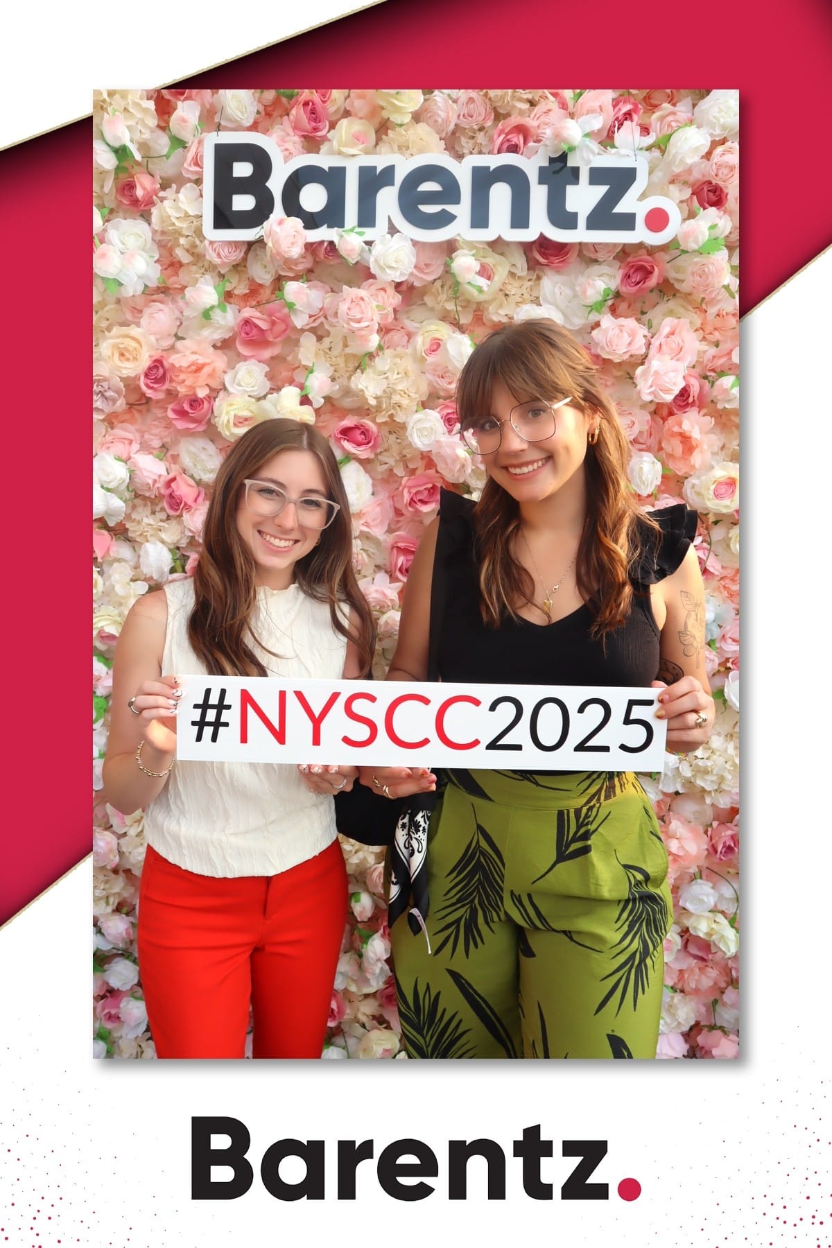 Two guests holding the NYSCC 2025 sign at the Barentz activation