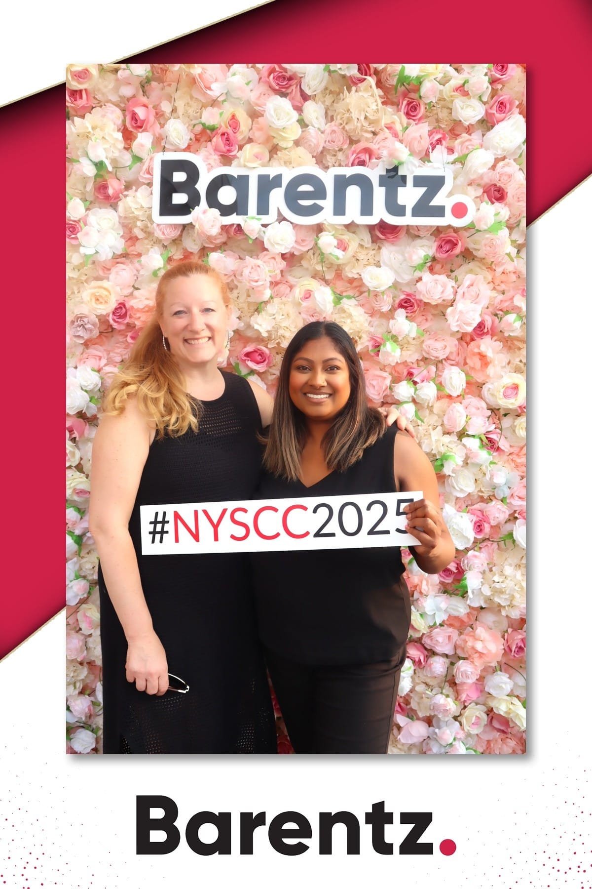 Two guests with the NYSCC 2025 sign at the Barentz branded backdrop