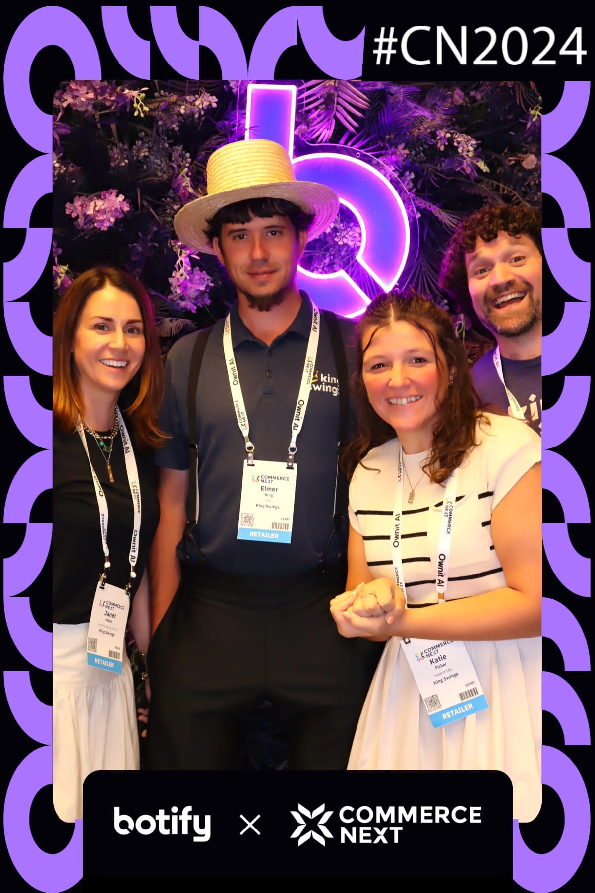 Four King Swings retailers posing at the Botify x CommerceNext booth, one in a straw hat