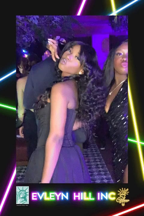 Frame from an animated booth GIF at the Evelyn Hill Inc glow party