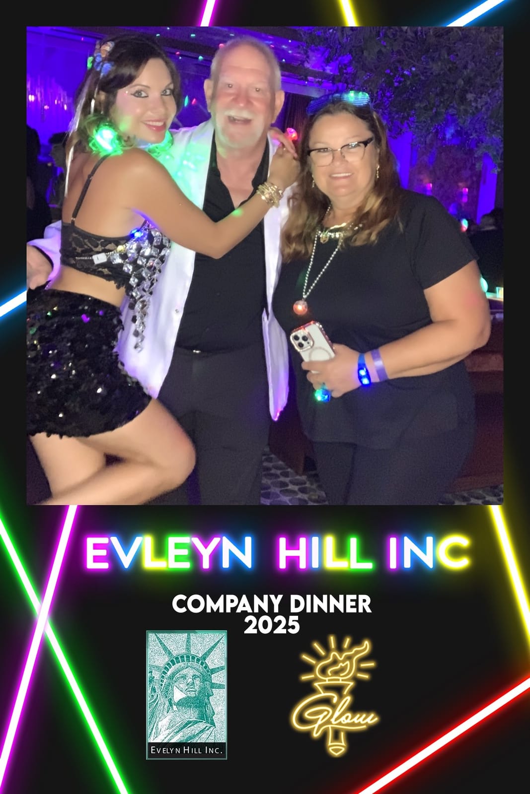 Three guests smiling at the Evelyn Hill Inc Company Dinner 2025 — custom glow print template