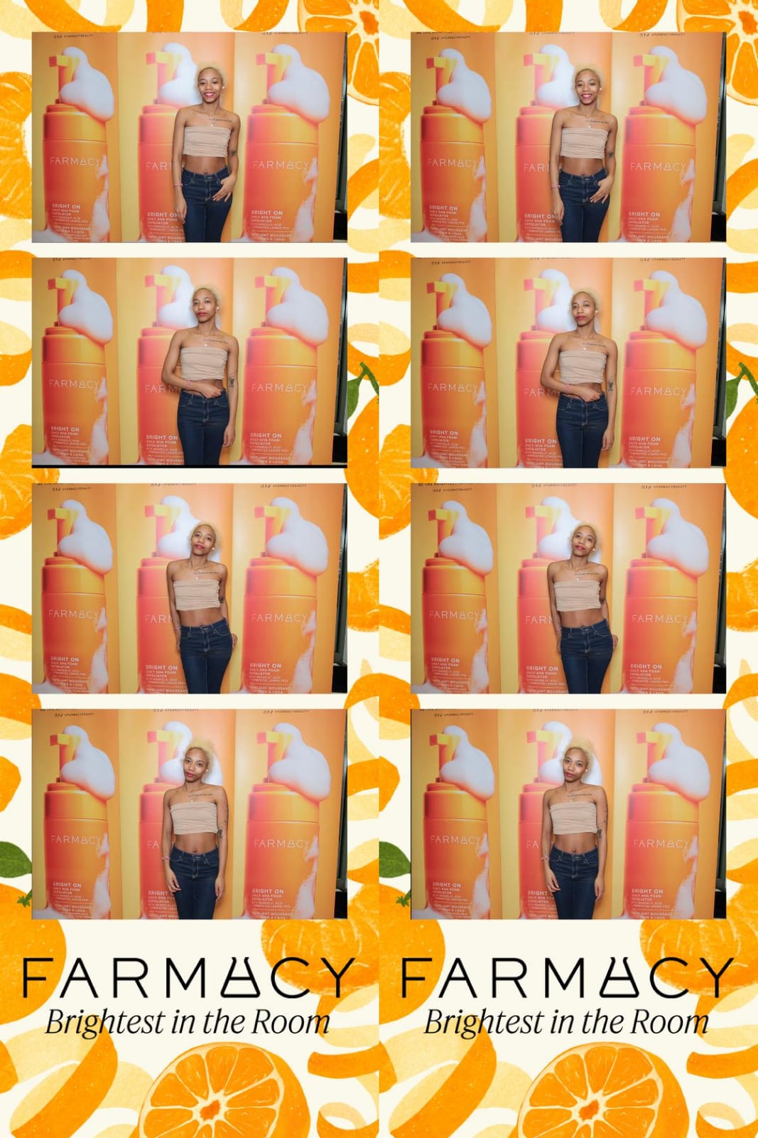 Two guests on a Farmacy Beauty citrus-themed photo strip
