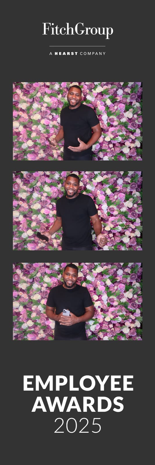 Guest posing at the FitchGroup Employee Awards 2025 photo booth — rose flower wall