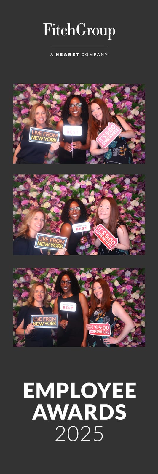 Colleagues holding prop signs at the FitchGroup Employee Awards photo booth