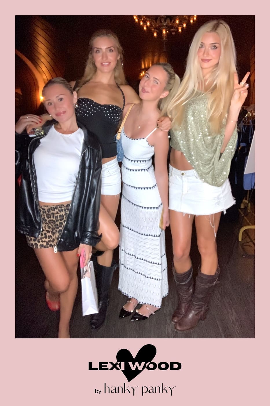 Four friends posing together at the Lexi Wood launch party