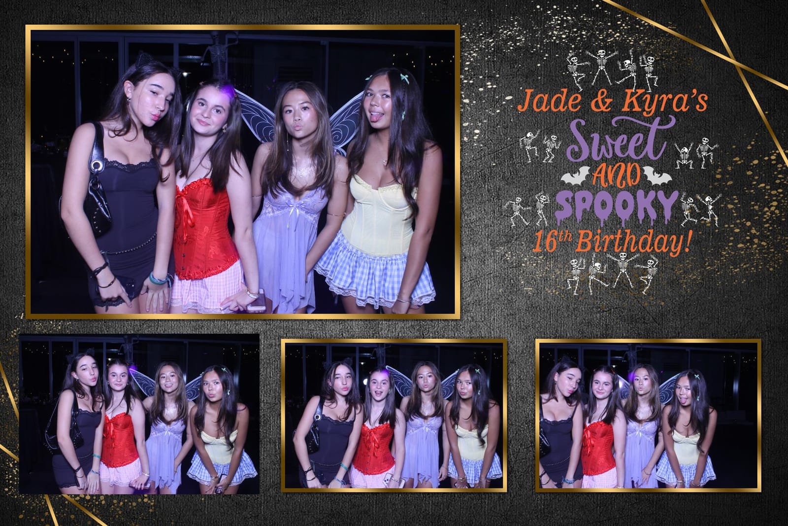 Guests in costume at Jade and Kyra's Sweet and Spooky 16th birthday photo booth