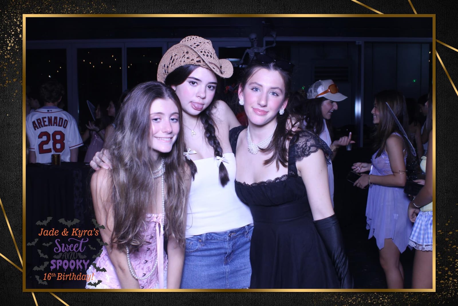 Costume party guests at Jade and Kyra's Sweet Sixteen