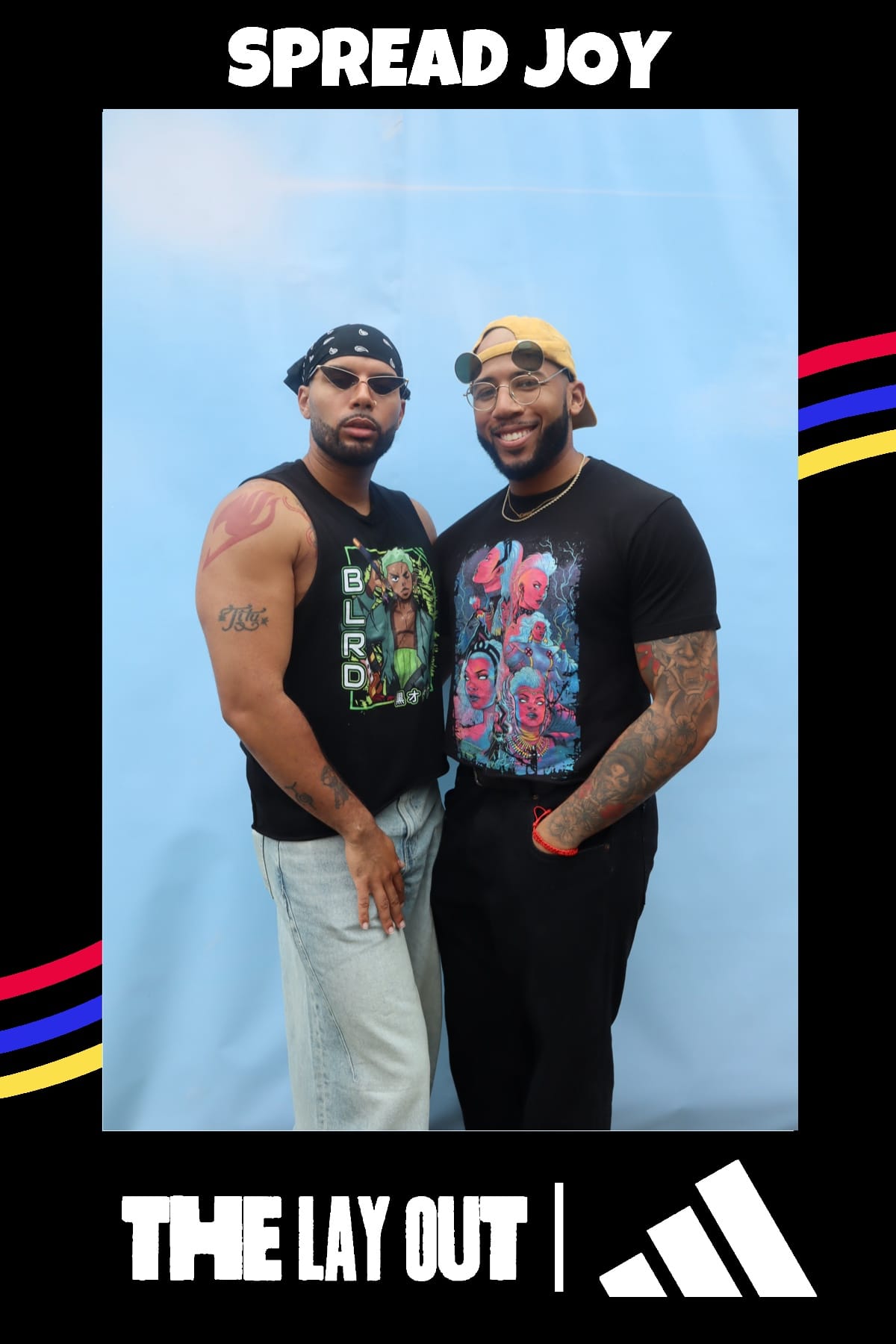 Two friends at The Lay Out x adidas photo booth against the sky-blue backdrop