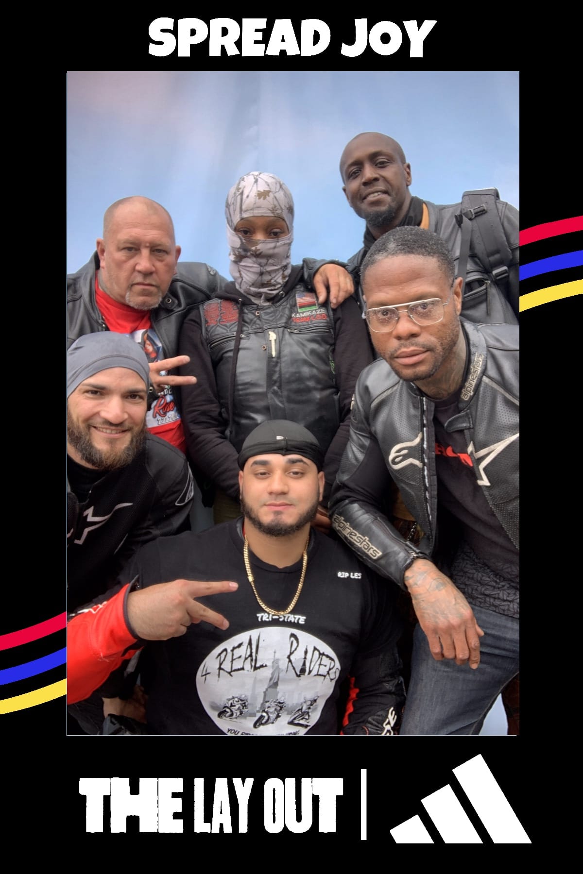 Motorcycle club crew posing together at The Lay Out x adidas Juneteenth event