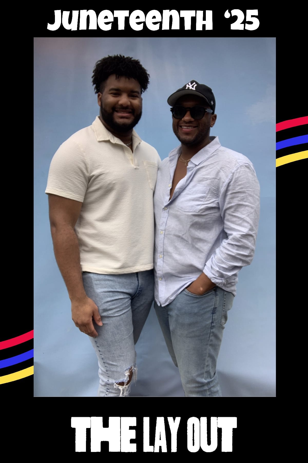 Two friends at the Juneteenth '25 photo booth at The Lay Out celebration