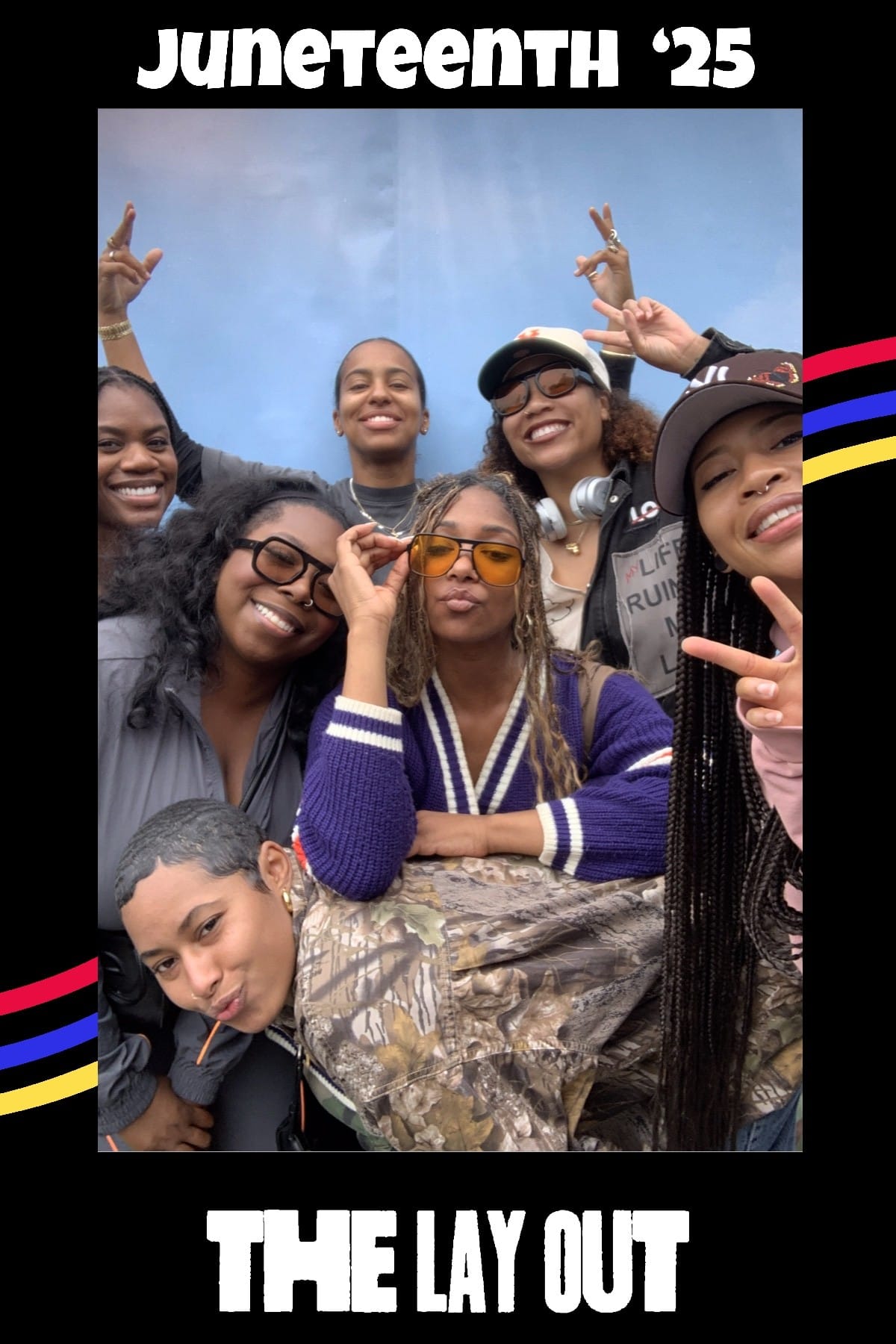 Big group of friends crowding the frame at The Lay Out Juneteenth '25 celebration